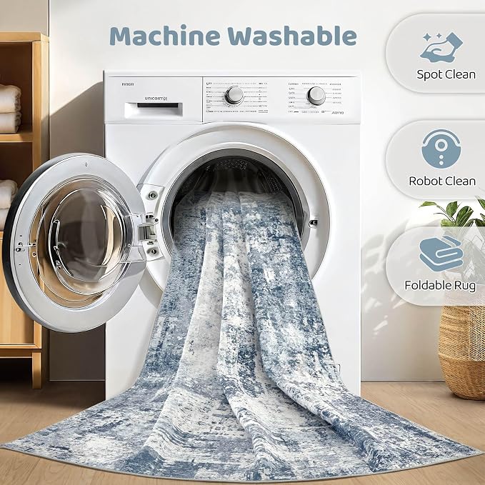 6x8 Area Rug Living Room: Washable Large Abstract Modern Soft Rug Stain Resistant Indoor Non-Slip Carpet for Bedroom Dining Room Nursery Kids Playroom Office Home House- Blue White