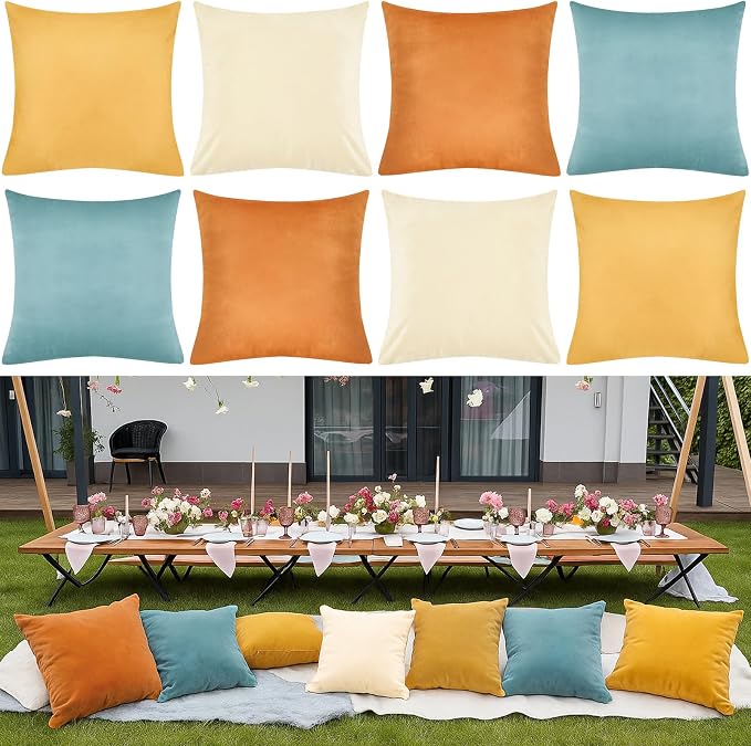 Berlune 8 Pcs Blue and Orange Velvet Throw Pillow Covers 18" x 18" Decorative Boho Cushion Cases Soft Pillowcase for Summer Farmhouse Couch Sofa Bed Home Decor, No Inserts