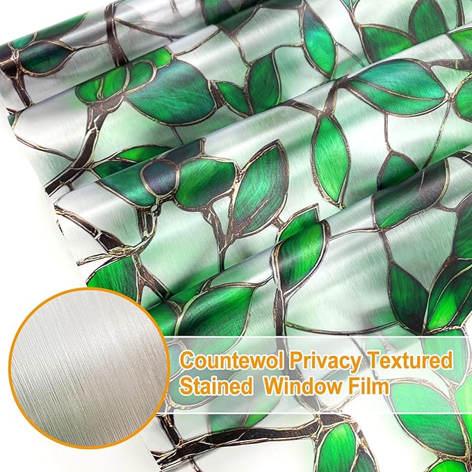 Countewol Greenery Leaf Static Cling Window Film Frosted Stained Glass Privacy Anti-Glare UV Protection for Home & Bathroom (Textured Greenery Leaf, 45.2 x 78.7 in)