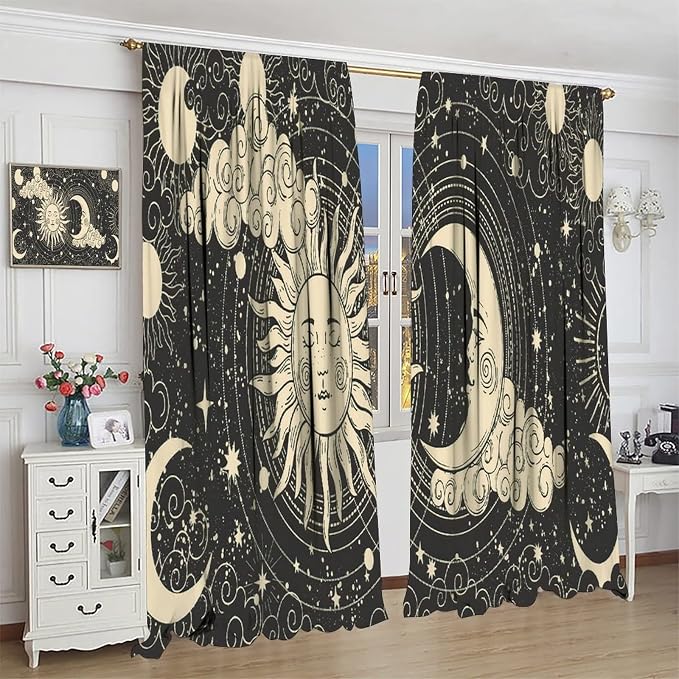 Bohemian Sun Moon Blackout Windows Curtains, Golden Sun Crescent Moon and Stars Vintage Cosmic Galaxy Printed Curtains, for Living Room Bedroom 63x63in 2 Panels