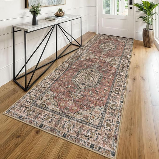 KUTA Vintage Washable Kitchen Runner 3x8, Non Skid Washable 8 ft Runners for Hallway, Terracotta Printed Ultra Soft Carpet for Bathroom Bedroom Living Room