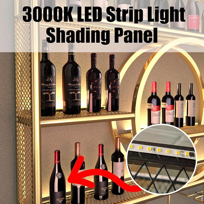 Metal Wine Rack Wall Mounted with LED Light, 3-Tier Bar Liquor Shelf with Wine Glass Holder, Modern Large Capacity Liquor Bottle Display Storage Shelf for Home Bar, Dining Room(Gold, 140 * 80 * 15)