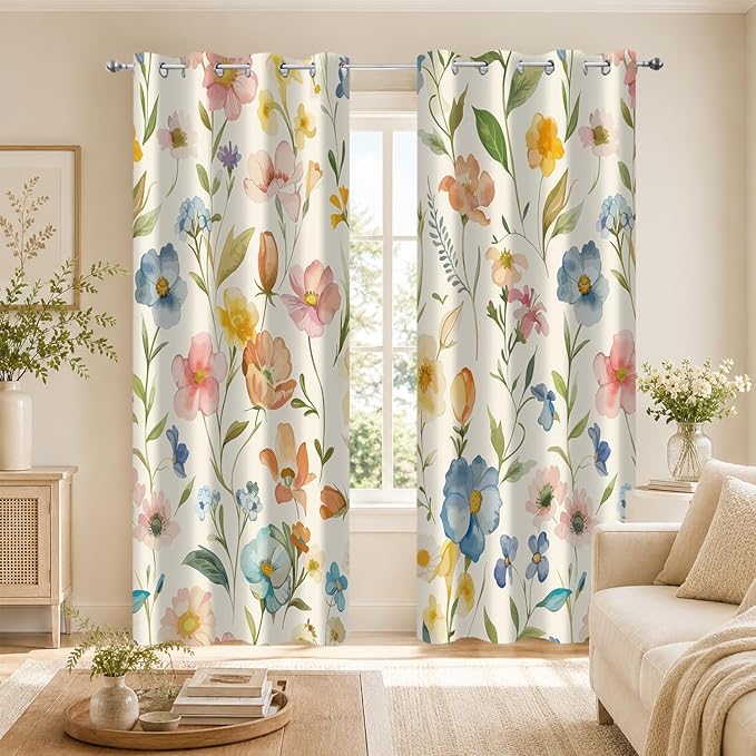 Boho Floral Blackout Curtains, Vintage Colorful Watercolor Wildflower Botanical Plant Leaves Room Darkening Thermal Insulated Grommet Window Drapes for Living Room Bedroom Decor 2 Panels 52x84 Inches