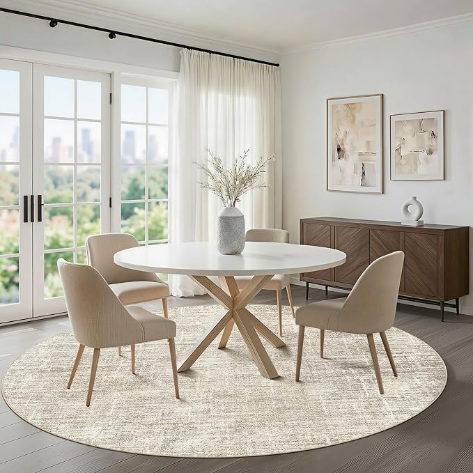 5ft Round Rug Living Room: 5x5 Washable Large Neutral Brown Circle Area Rug Abstract Soft Modern Stain Resistant Indoor Floor Non-Slip Carpet for Bedroom Nursery Kids Office Playroom Dining Room