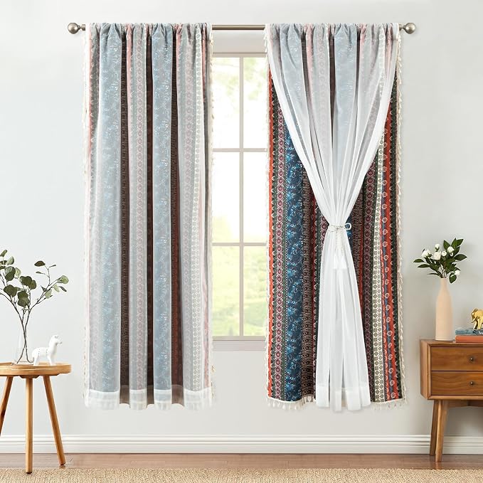 VOGOL Boho Semi Blackout Curtains, Colorful Striped with Sheer Overlay Decorative Window Treatments, 1 Panel Rod Pocket Drapes for Living Rest Room, 52 x 63 Inches