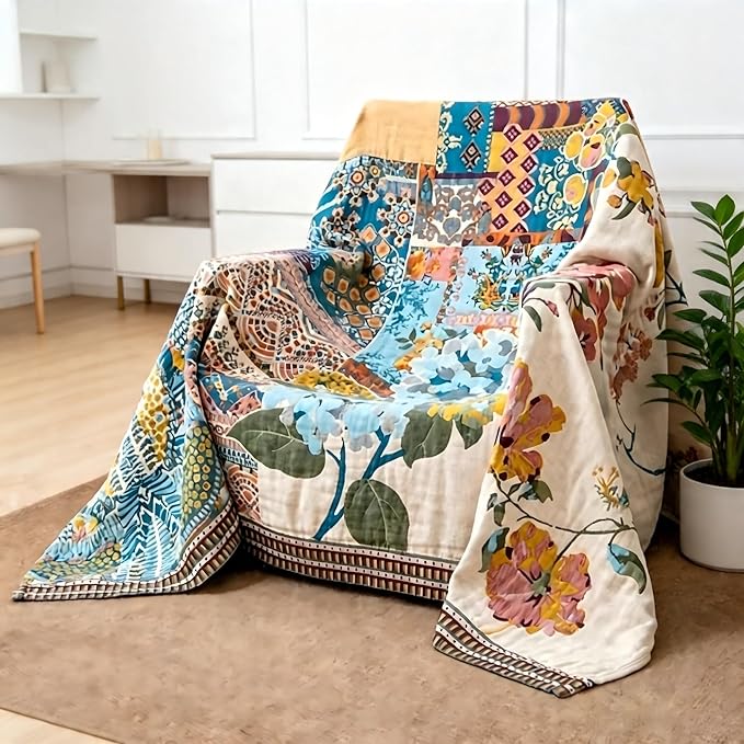 Ownkoti Throw Blanket for Bed, 90"x 90" Quilted Cotton Blanket Reversible Cover for Sofa Chair (Puzzle)