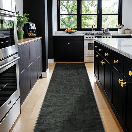 2.7x8 Washable Area Rug, Black Solid Area Rugs for Living Room & Bedroom | Stain-resistant & Non-slip backing,Low Pile Washable Large Carpet, Solid Vintage Style For High Traffic Areas(2.7x8,Black)