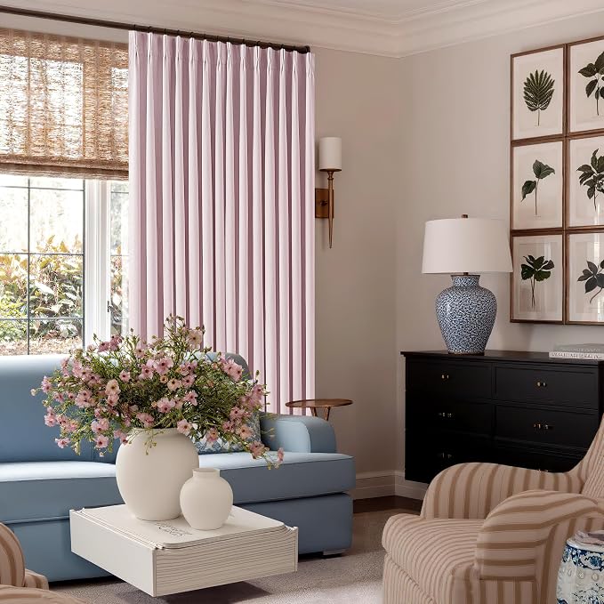 102 Inch Pink Pinch Pleated 100% Blackout Curtains for Girls Bedroom Living Room Thermal Insulated Pleated Room Darkening Light Blocking Linen 102 Inch Curtains Drape Window Panels Baby Pink Blush