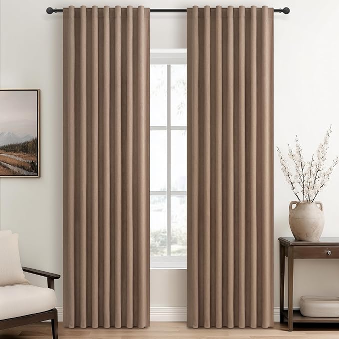 100% Blackout Curtains 86 Inch Length 2 Panels Set Farmhouse Style for Bedroom Windows/Living Room Thermal Insulated Neutral Boho Drapes Linen Blend Chocolate RustBrown Long Hook Belt Pleated