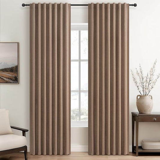 100% Blackout Curtains 84 Inch Length 2 Panels Set Farmhouse Style for Bedroom Windows/Living Room Thermal Insulated Neutral Boho Drapes Linen Blend Chocolate RustBrown 7ft Long Hook Belt Pleated