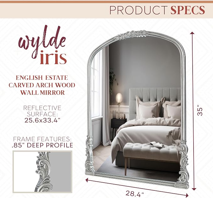 Wylde Iris English Estate Carved Arch Wood Wall Mirror, Mirror for Entryway, Living Room, Bathroom, Antique Silver, 25.6x33.4