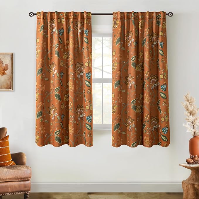 Decorative Black Out Curtains 63 Inch Long for Bedroom,Room Darkening Boho Vintage Floral Printed Design Lightweight Pretty Blackout Curtains for Living Room Dining Room 63 Length 2 Panels Set