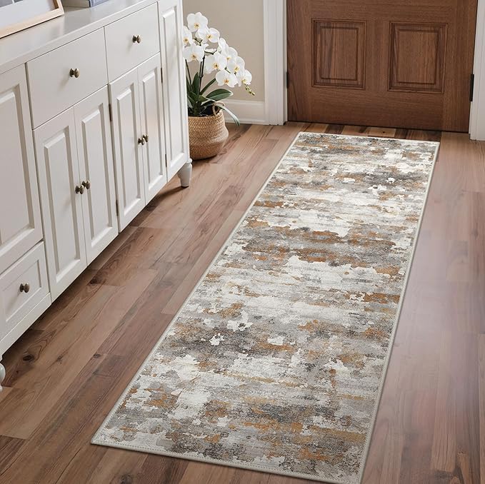 GENIMO Washable Rugs 2'6"x6 Runner Rugs for Hallway Kitchen, Modern Lightweight Rug Ultra Soft Indoor Runner Rugs for Entryway, Low Pile Carpet with Non Slip Backing, Grey Brown Beige