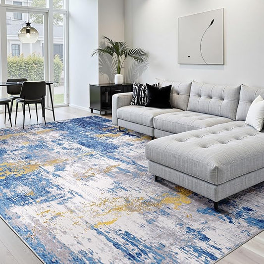 RELEANY Washable Area Rugs 10'x14' Non-Slip Modern Abstract Soft for Living Room Entryway Bedroom Kitchen, Print Pattern, Grey Blue Gold/Golden