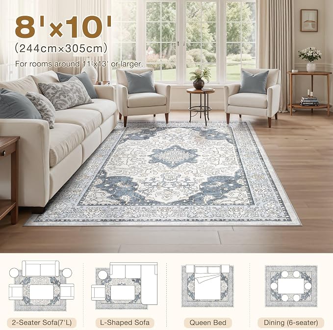 cotiled 8x10 Area Rug Machine Washable Vintage Carpet for Living Room Bedroom Soft Non-Slip Backing Floor Mat Kid & Pet Friendly Stain Resistant Light Blue