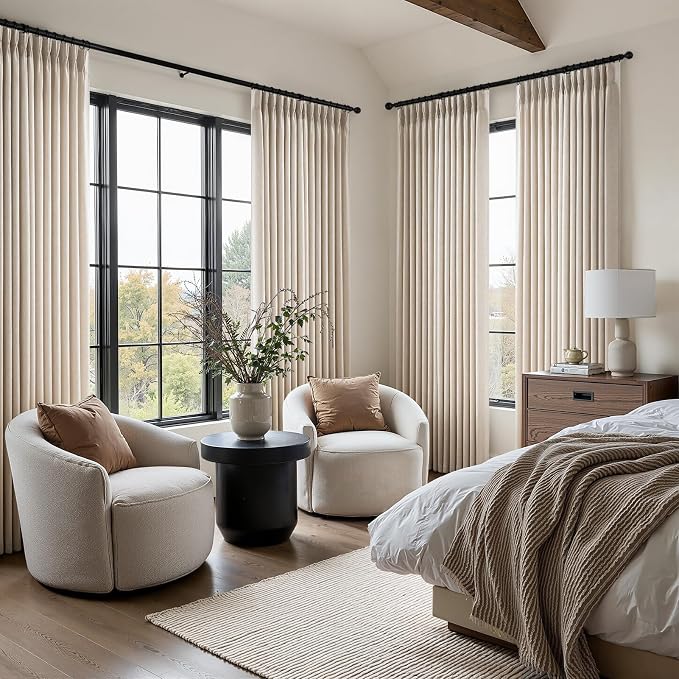 Pinch Pleated Curtains 90 Inches Long 2 Panels Set,Beige Semi Sheer Cotton Blend Fabric Aesthetic Advanced Curtain Drapes for Living Room Bedroom,72x90 inch Length