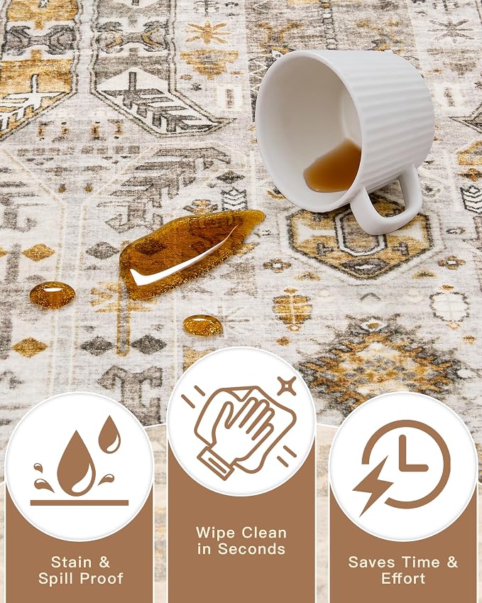 Madane Hallway Runner 3x8, Kitchen Rugs Washable Entry Rug, Brown/Gold | Vintage Non Slip Entryway Indoor Area Rugs, Soft Low-Pile Farmhouse Wide Carpet Runners for Bathroom Living Room Bedroom