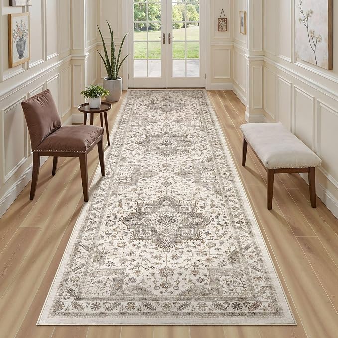 Vintage Hallway Runner Rug 3x10: Large Soft Washable Entryway for Kitchen Laundry Room Non-Slip Backing Runner for Entrance Living Room Bedroom Bathroom - Light Brown