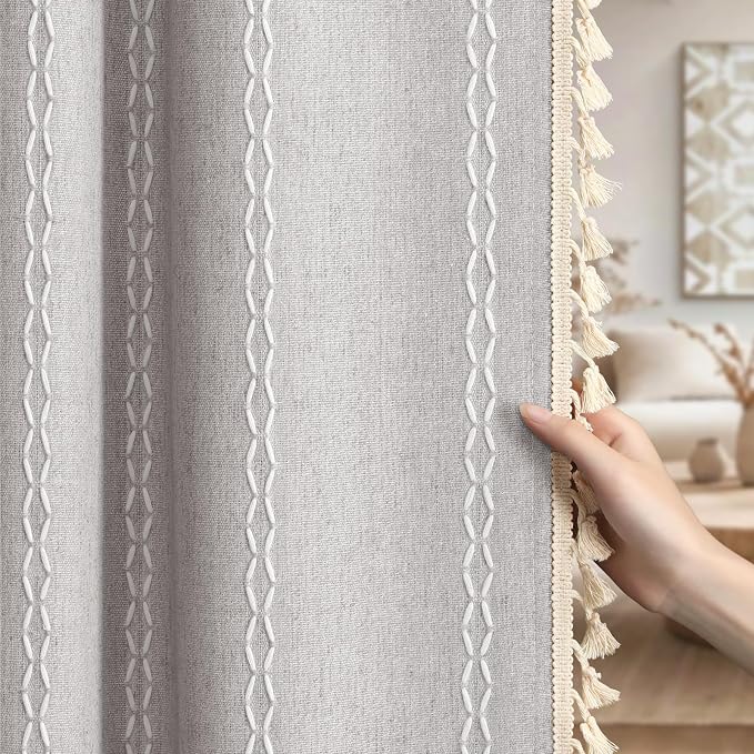 Grey Boho Blackout Curtains 2 Panels 84 Inch for Living Room Bedroom, Linen Texture Farmhouse Curtains with Tassels and White Cotton Embroidery Vintage Rustic Country Western