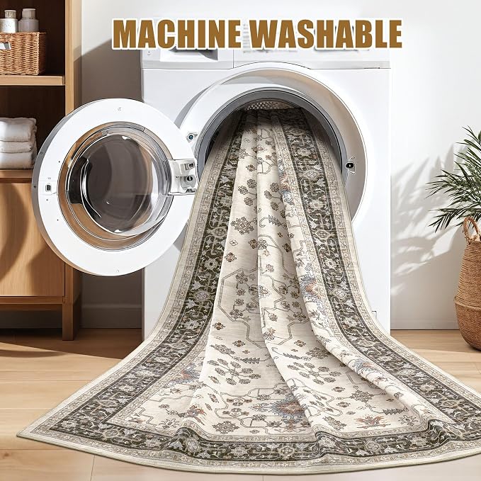 7x9 Area Rugs for Living Room - Large Carpet Ultra Thin Soft Washable Oriental Vintage Floral Distressed Big Indoor Carpets for Bedroom Nursery Dorm Home Decor Aesthetic - Brown Black