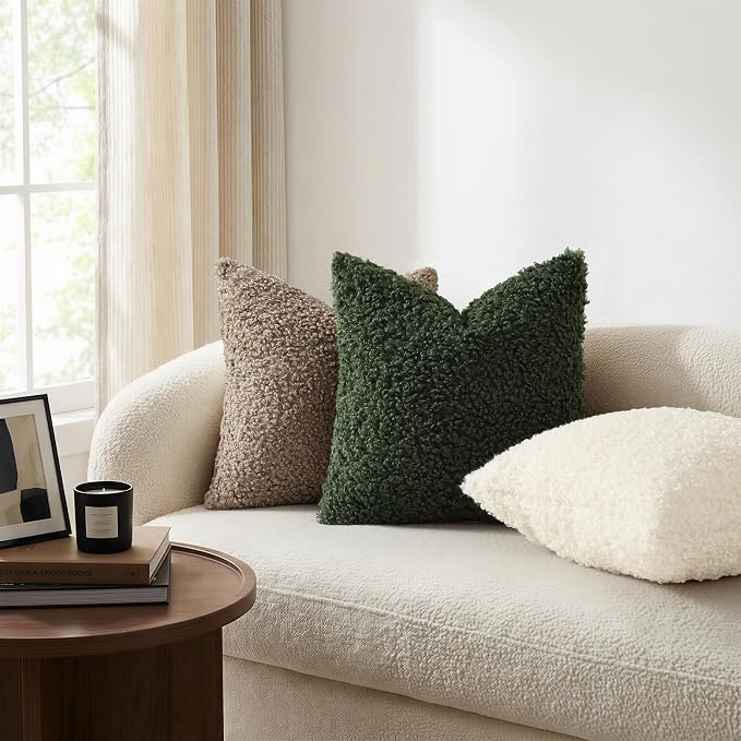 decorUhome Pack of 2 Throw Pillow Covers 26x26 Inch, Faux Fur Decorative Sherpa Pillow Covers Fuzzy Accent Soft Sheepskin Fleece Pillow Cases for Couch Living Room Bed, Olive Green