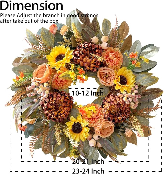 WANNA-CUL 24 Inch Sunflower Fall Front Door Wreath Farmhouse Harvest Decor | Autumn Wreath with Roses Dahlias Pinecones Berries Indoor Outdoor Boho Wall Mantel Table Centerpiece Thanksgiving Decorations