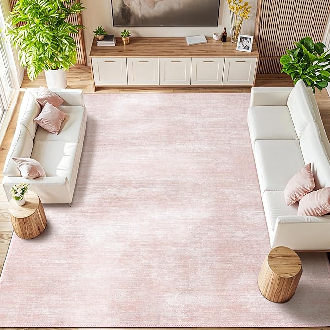 9x12 Washable Area Rug, Pink Solid Area Rugs for Living Room & Bedroom | Stain-resistant & Non-slip backing,Low Pile Washable Large Carpet, Solid Vintage Style For High Traffic Areas(9x12,Pink)