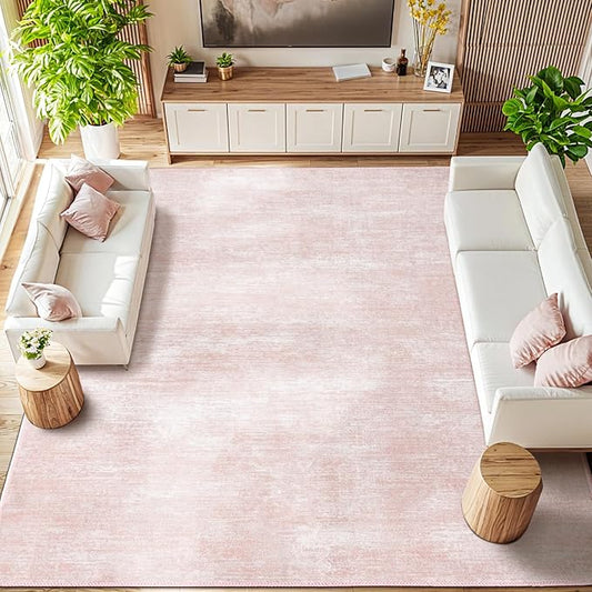 9x12 Washable Area Rug, Pink Solid Area Rugs for Living Room & Bedroom | Stain-resistant & Non-slip backing,Low Pile Washable Large Carpet, Solid Vintage Style For High Traffic Areas(9x12,Pink)