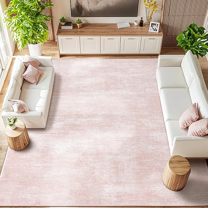 LIANLAM 10x12 Washable Rug, Pink Solid Area Rugs for Living Room & Bedroom | Stain-resistant & Non-slip backing,Low Pile Washable Large Carpet, Solid Vintage Style For High Traffic Areas(10x12,Pink)