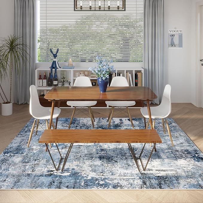 Rugcomf 8x10 Rug Washable Boho Rug Soft Large Area Rug Non-Slip Non-Shedding Faux Wool Vintage Rug for Living Room, Farmhouse, Dining Room, Indoor, Kids Playroom, Blue