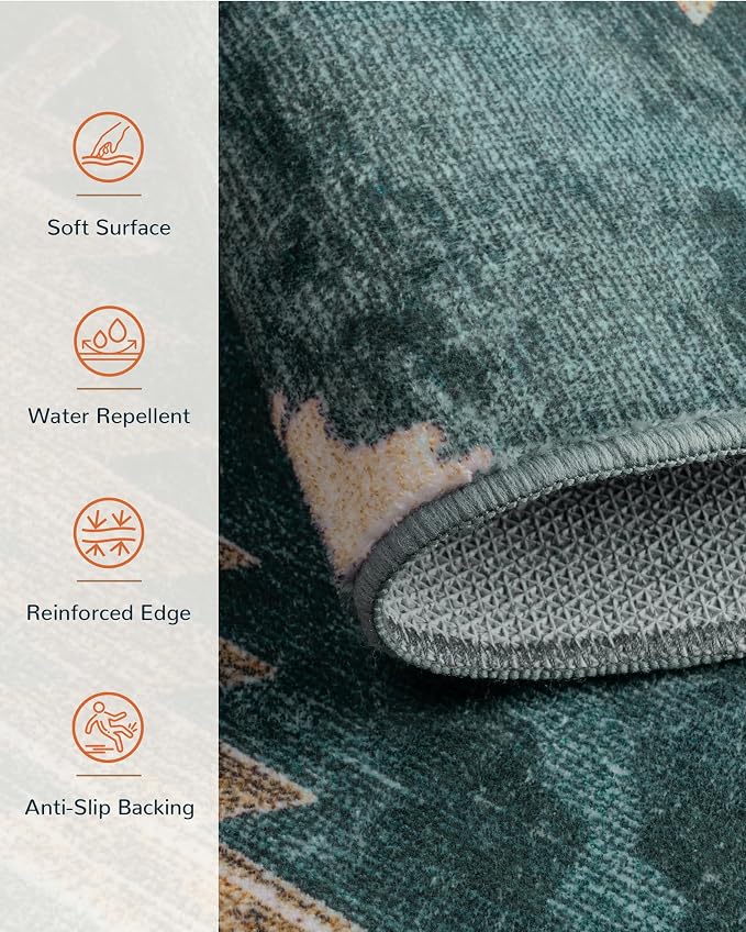 BESTSWEETIE Area Rug 3x5 Rug Machine Washable Non-Slip Low Pile Print Pattern Western Rug for Living Room Bedroom Entryway Tribal Series -Teal/Green