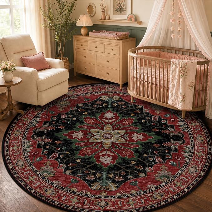 RELEANY Area Rugs Round 5ft Washable Non-Slip, Floral Vintage Distress Medallion Carpet for Living Room Bedroom Dining Room, Red Black