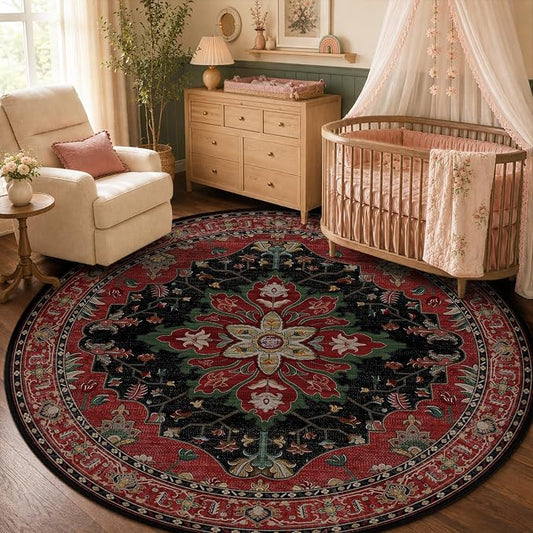 RELEANY Area Rugs Round 5ft Washable Non-Slip, Floral Vintage Distress Medallion Carpet for Living Room Bedroom Dining Room, Red Black