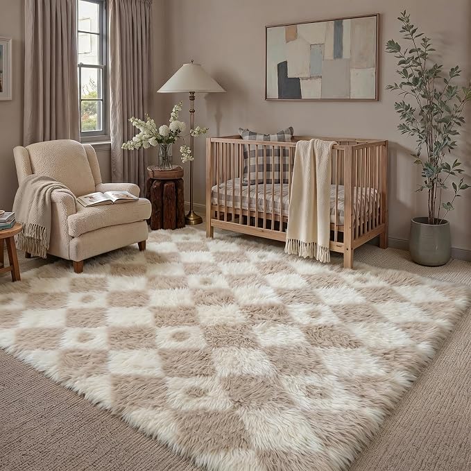 PureCozy Checkered Rug 5x7 Fluffy Shag Living Room Beige Area Rug Modern Washable Carpet Soft Shaggy Non Slip Indoor Plush Fuzzy Rugs for Bedroom Dorm Office Home Aesthetic Decor