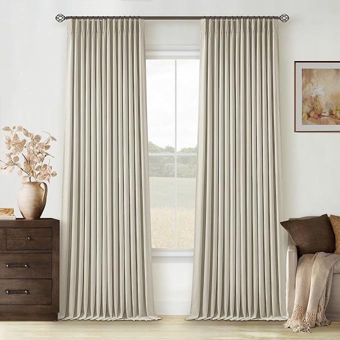 Beige Pleated Linen Blackout Curtains 102 Inches Long for Bedroom Living Room Pinch Pleat Black Out Thermal Insulated Ring Hooks Room Darkening Drapes Oatmeal Light Tan Curtains with Liner 40x102