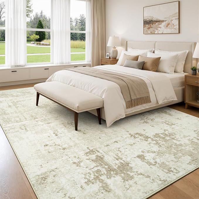 Rugflix 5x7 Area Rugs for Living Room, Washable Large Rug Stain-Resistant Low Pile, Modern Neutral Carpet for Dining Room Home Office Kid Room Nursery Bedroom, Beige
