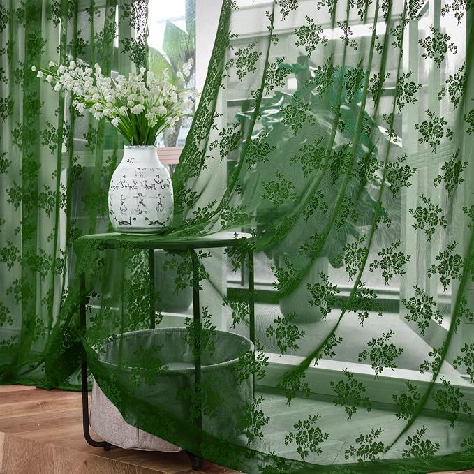 Kotile Emerald Green Sheer Curtains 96 Inches Long 2 Panels Country Rusitc Floral Hunter Green Vintage Lace Curtains for Living Room, Rod Pocket Privacy Forest Green Sheer Drapes, Each 52 x 96 Inch
