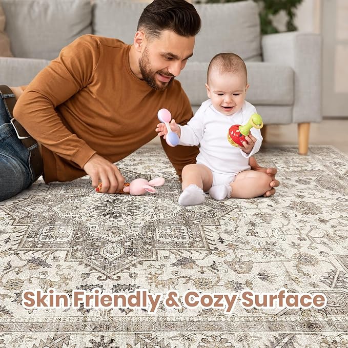 Vintage Living Room Area Rug 10x12 - Large Soft Washable Oriental Traditional Distressed Farmhouse Rugs for Bedroom - Indoor Floor Accent Carpet for Home Office House Decor - Light Brown