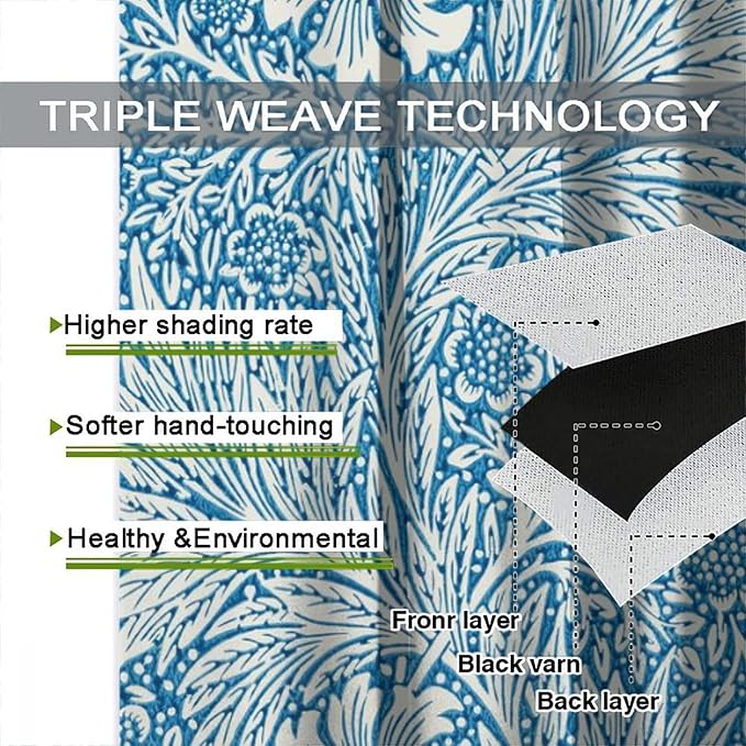 Bohe Vintage Floral Blackout Windows Curtains, William Morris Original Design Blue Flower Pattern Rod Pocket Curtains, for Living Room Bedroom 21(W)*45(L) 2 Panels