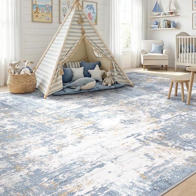 RELEANY Washable Area Rugs 6'x9' Non-Slip Modern Abstract Soft for Living Room Entryway Bedroom Kitchen, Print Pattern, Light Blue