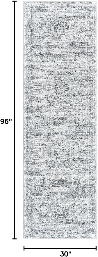 Soalmost Washable Runner Rug, 2'6" x 8' Non-Slip Kitchen Vintage Foldable Hallway Runners for Entryway, Laundry, Bedroom, Grey