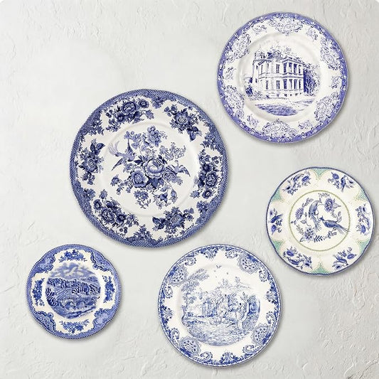 5 Pcs Coastal Vintage Ceramic Wall Plates Set, Blue and White Decoration Hanging Plates with Botanical Patterns, Holland Vintage Gifts for Wall, Home Office Art Ornament(Architecture)