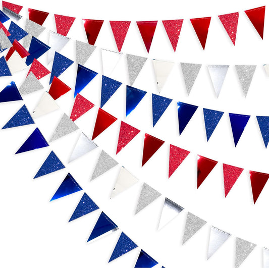30 Ft Red Silver Blue Triangle Pennant Banner Bunting Hanging Paper Flag Garland for 4th of July American Independence Day USA National Day Patriotic Graduation Wedding Hen Party Decorations Supplies