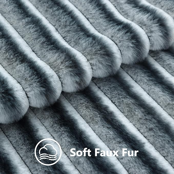 decorUhome Fall Cozy Faux Fur Throw Pillow Covers 18x18 Set of 2 Decorative Soft Plush Striped Modern Farmhouse Boho Couch Pillow Cases with Velvet Back for Sofa Bed Living Room, Blue Grey