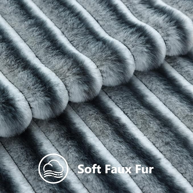 decorUhome Fall Cozy Faux Fur Throw Pillow Covers 20x20 Set of 2 Decorative Soft Plush Striped Modern Farmhouse Boho Couch Pillow Cases with Velvet Back for Sofa Bed Living Room, Blue Grey