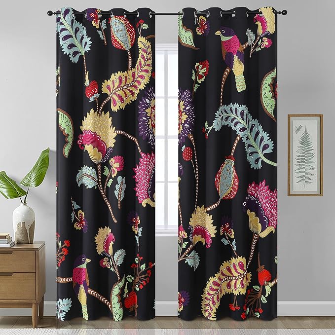Estelar Textiler Bird and Feather Pattern Blackout Curtains 108 Inches Long for Bedroom, Floral Room Darkening Window Thermal Insulated Grommet Curtains & Drapes for Living Room,52Wx108L, 2 Panels