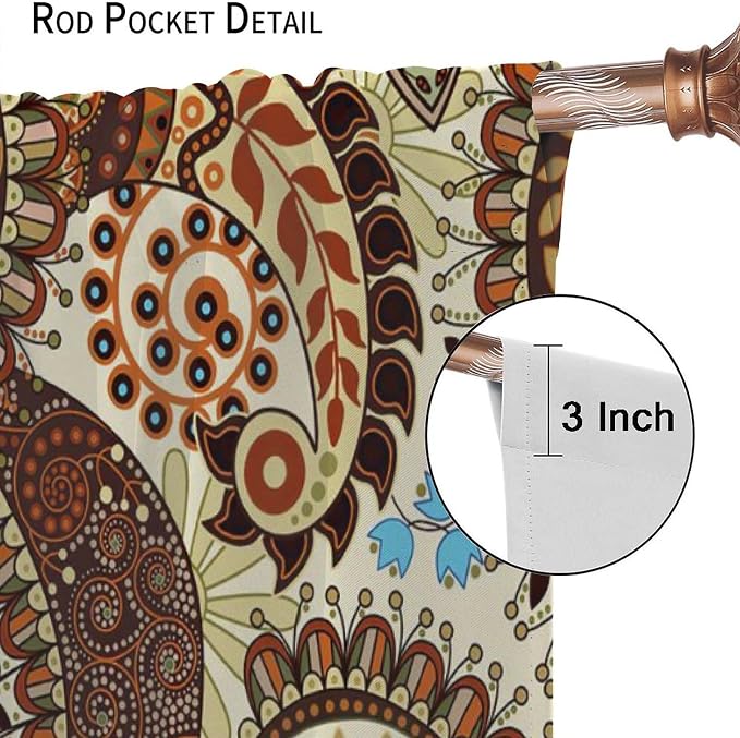 Boho Curtains, Abstract Pelis Boho Brown Vintage Floral Ethnic Tribal Blossom Print, Blackout Curtains for Bedroom Living Room52X84 Inch