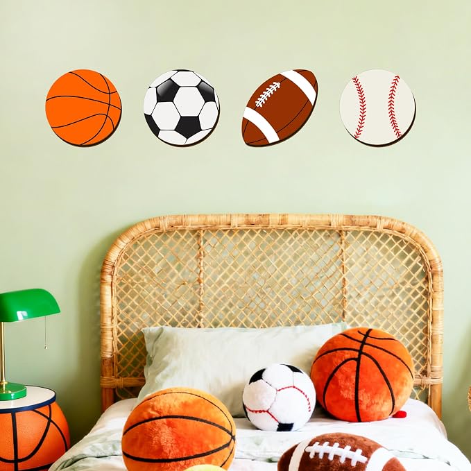 Sport Ball Wall Decor Wood Sports Room Decorations Ball Room Decor Sport Wall Art Plaque Wooden Soccer Baseball Basketball Rugby Football Decor For Boys Room Kids Bedroom Teens Playroom Nursery