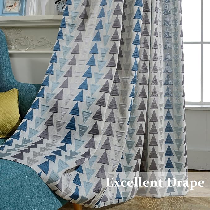 Leeva Modern Jacquard Curtains 52x63 Inch - Geometric Triangle Pattern, Light Filtering Drapes with Metal Grommet Top, Set of 2 Panels for Bedroom Living Room, Blue