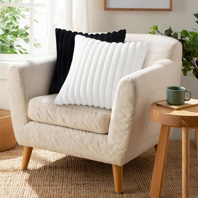 Pallene Faux Fur Plush Throw Pillow Covers 22x22 Set of 2, Luxury Soft Fluffy Striped Decorative Pillow Covers for Sofa, Couch, Living Room, White